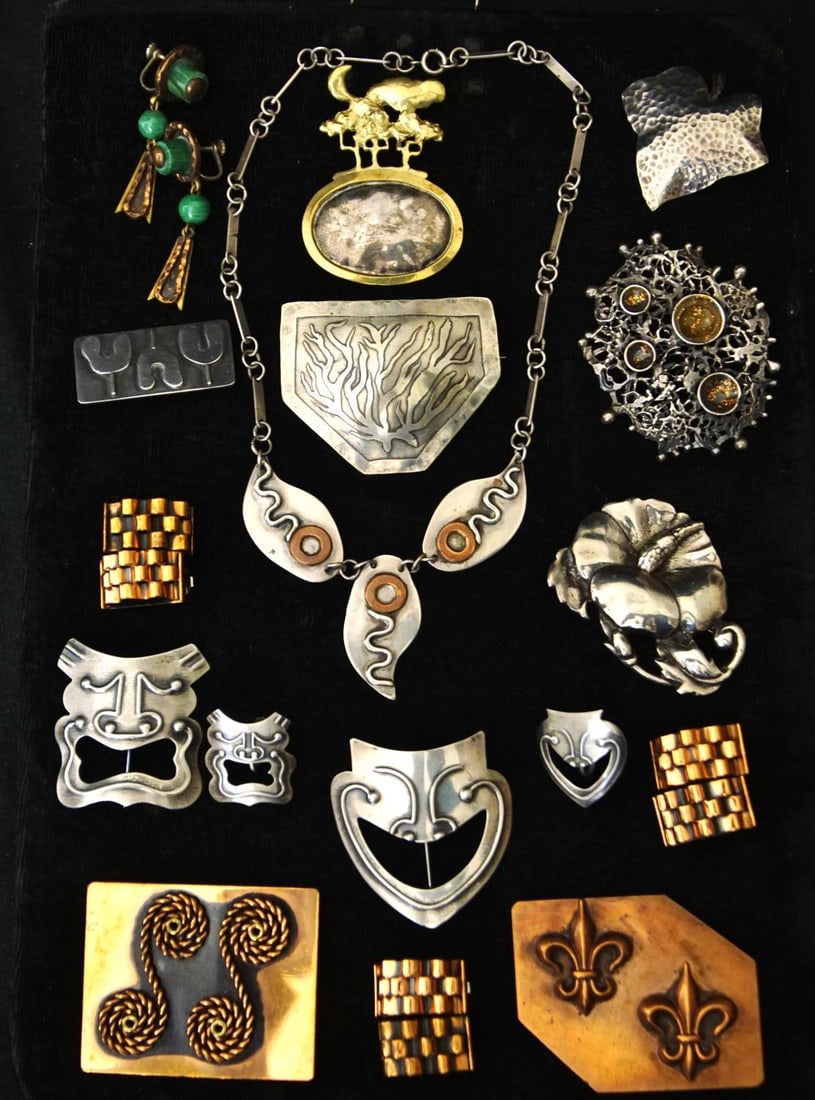 Vintage Silver - Sterling - Copper Art jewelry: Necklace, earrings, brooches, modern necklace, hand hammered silver +++ - app 21 pcs