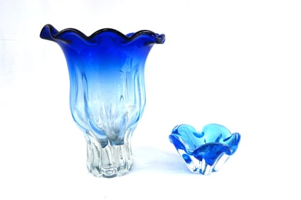 Murano blue glass large and small flower vases