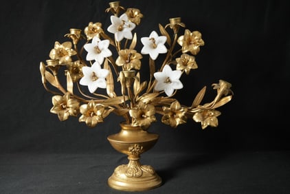 Antique French Bronze Candelabra w glass flowers