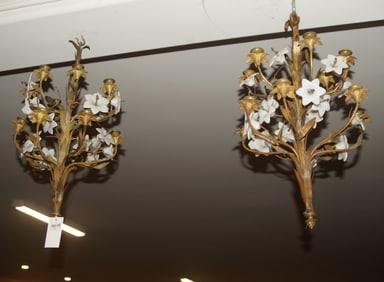 Pair bronze hanging candelabras w flowers