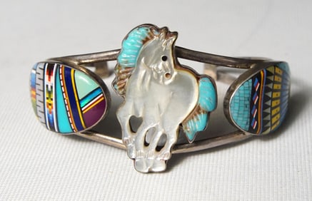 Zuni Sterling Bracelet inlaid with MOP horse