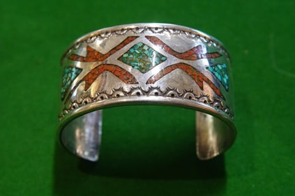 Inlaid coral and turquoise bracelet