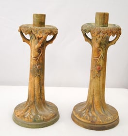 Pair Vintage Weller 'Apple Tree' candlesticks
