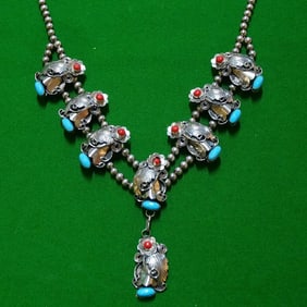 Navajo Squash Blossom turquoise and coral necklace