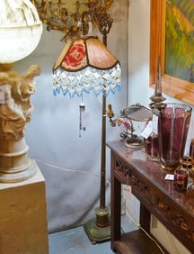 Antique 1920s wrought iron floor lamp beaded shade