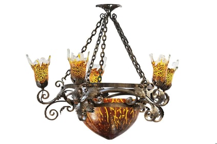 Nouveau 5-Light Wrought Iron & Glass chandelier