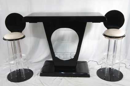 Mid Century Modern Black Lucite bar & 2 stools