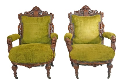 Pair ( 2 ) Herter Brothers Carved Arm Chairs