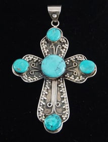 Navajo Sterling turquoise 5 stone cross pendant