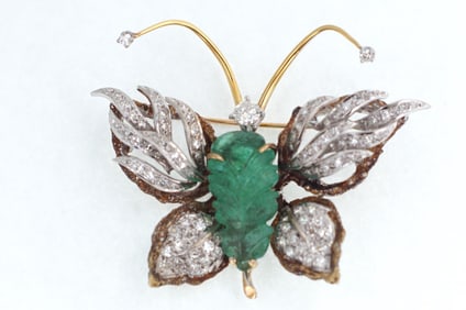 Rare Carved Emerald and diamond Butterfly Brooch