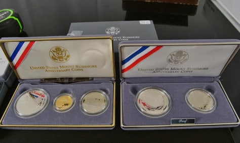 Two Mount Rushmore Anniversary Coin Sets $5 gold