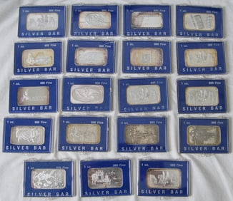 19 one ounce .999 Silver Ingots cased "