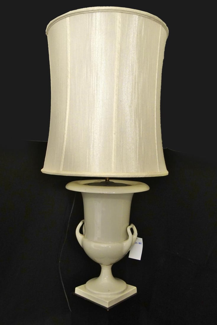 Ceramic "Amphora" 47" Lamp with wood base: 47.5" tall w shade, 17" porcelain urn that stands 25.5" with stand