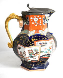 Antique ironstone pitcher w Chinese motif: by Mason's Patent Ironstone China with pewter lid - measures approx. 10.5" x 9" x 8"