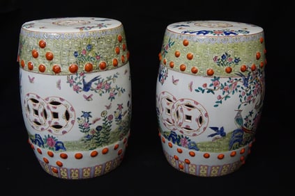 Pair Chinese garden stools - birds, butterflies