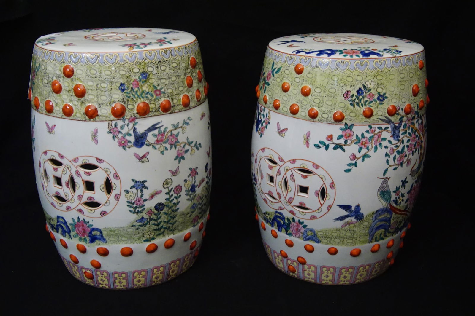 Pair Chinese garden stools - birds, butterflies (1 of 6)