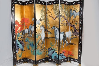 Outstanding 6 panel Oriental screen with horses