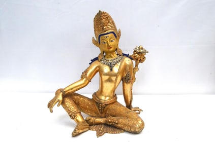 Gilt Bronze Seated Indra with Gemstones