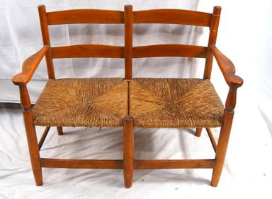 Rush seat bench w arms