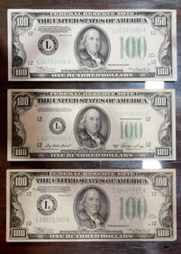 Three 1934 US 100$ Dollar bills