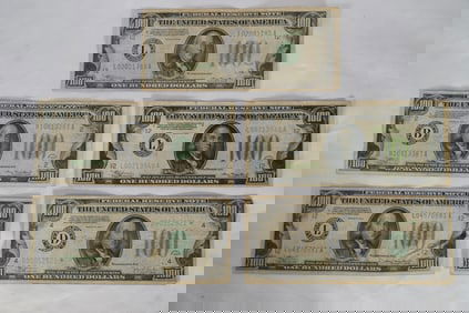 Five US $100 dollar bills - 1934