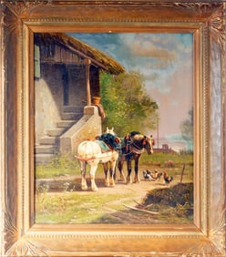 J. F. Herring "Work Horses" Oil on Canvas Painting