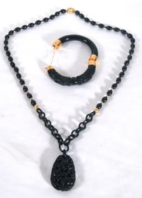 14kt gold Green & Black Jade Necklace & Bracelet