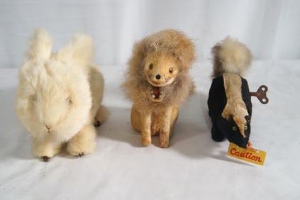 3 Wind up toys - vintage Lion, Rabbit & Skunk