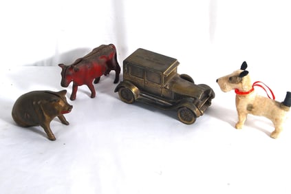 4 Antique banks - Pig, Cow, Dog & Oren Utah Bank