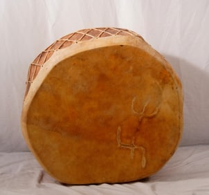 Large Native American Wood Carved and hide drum