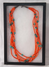 Navajo 4- stand turquoise and Coral necklace