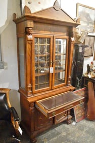 Oak 2-piece bookcase secretary with carved heads