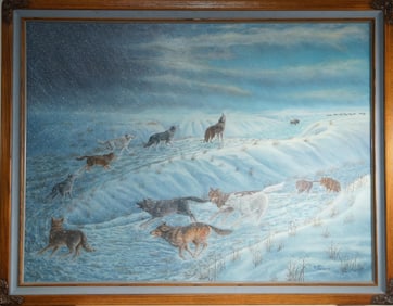 Ken Bader 1987 Giclee Landscape of Wolves