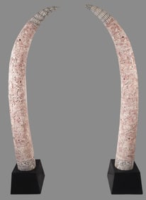 Pair Qing Dynasty Chinese Scenic Bone Carved Tusks