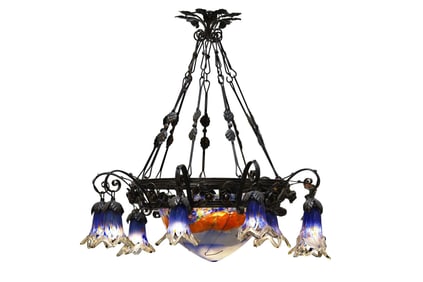 Murano Glass 9-light Wr. Iron Chandelier