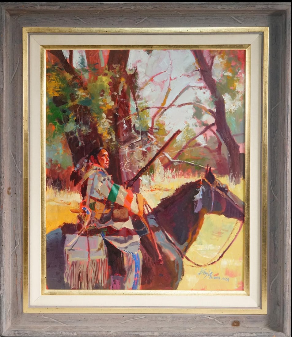 Neil Boyle (1931-2006) Native Oil on Canvas: title: On Guard in the cotton Woods - Oil on canvas signed bottom right measures 24" x 20" nicely framed 32.75" x 28.75"
