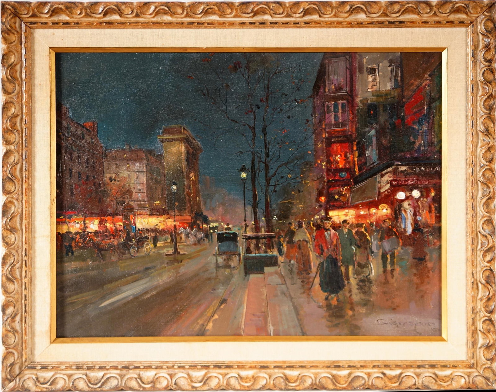 After Édouard Cortès Parisian Oil on Canvas: In the Manner of Édouard Cortès (1882–1969) Atmospheric Parisian Night Scene of Porte St. Denis, Paris, period vintage frame, canvas and stretcher show age, old nails and age to canvas, old style