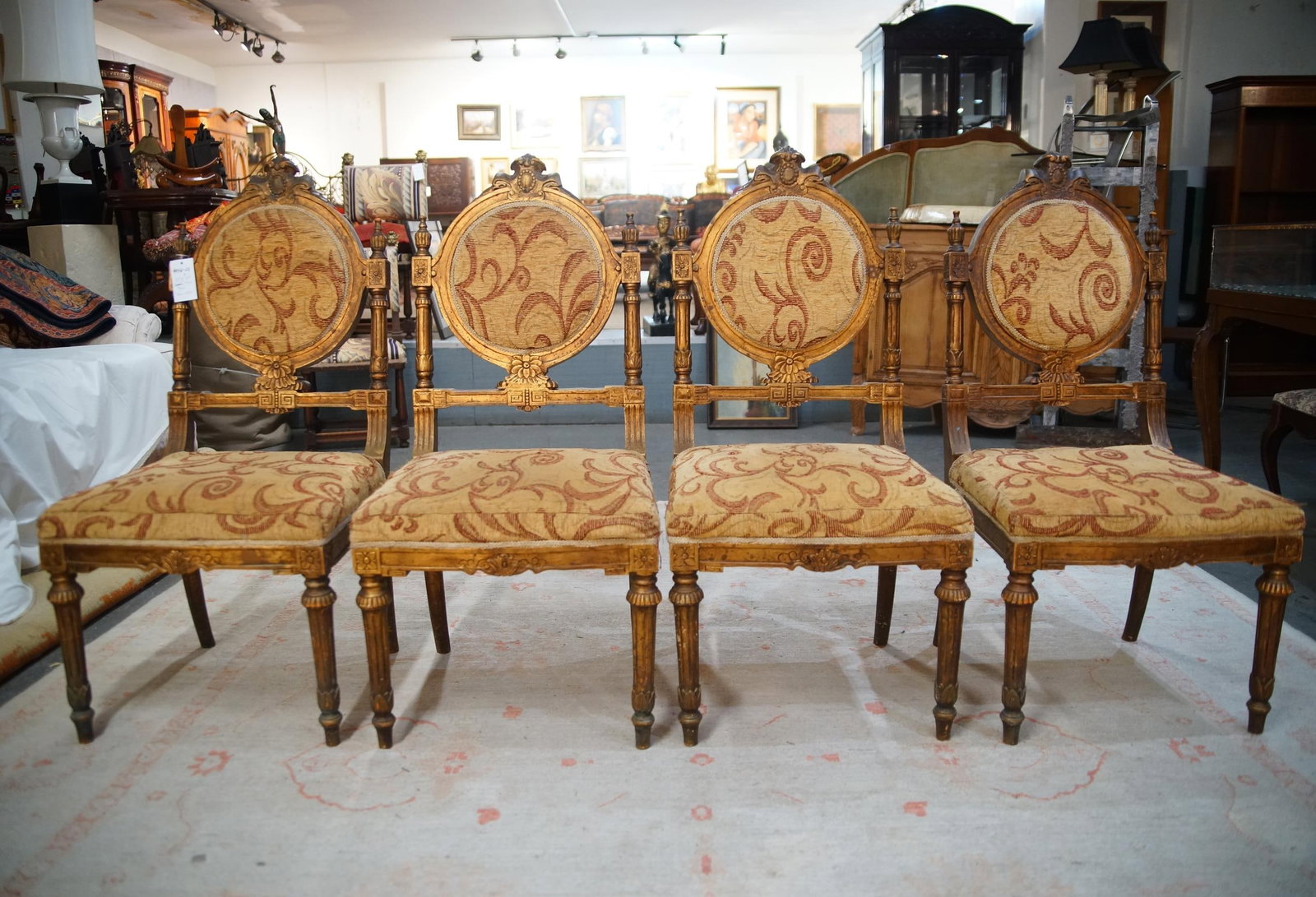 Set of 4 uph Medallion back dining chairs: gilded - Provenance: The Estate of Tracy Torme' (Screenwriter and Television producer/ son of Mel) includes a copy of his business card.