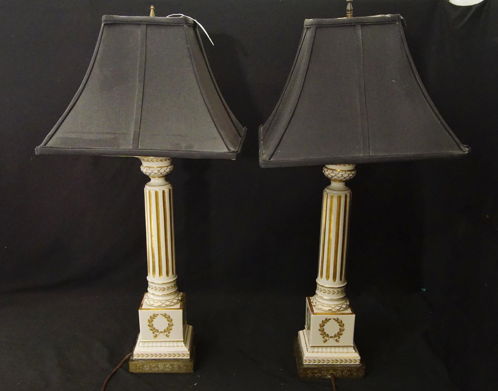 Pair Greek Doric column Porcelain Lamps: app 30" tall Lenox style porcelain with gold painted wreathes and details, brass engraved base; Vintage, with black shades