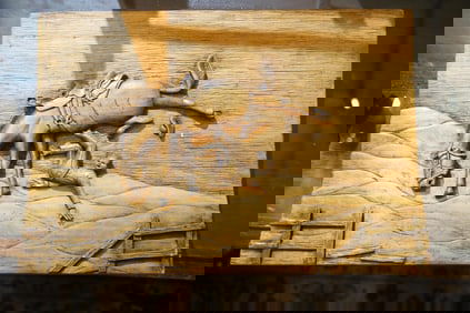 Cowboy on Bucking Horse Wood Carved Relief