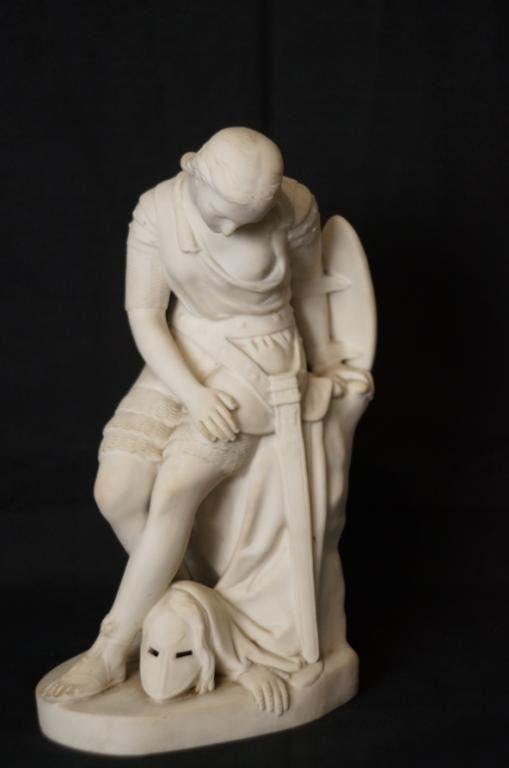 Minton Bisque John Bell's wounded Clorinda: mark : incised on back : JOHN BELL / February / 1848 with Minton mark bottom measures 13.25 tall x 9" wide x 6". Statue; Clorinda wounded by her lover, from Tasso