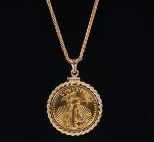 $5 dollar gold eagle coin pendant - .+ 18kt chain