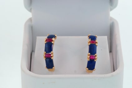 Pair 14kt ruby and lapis earrings