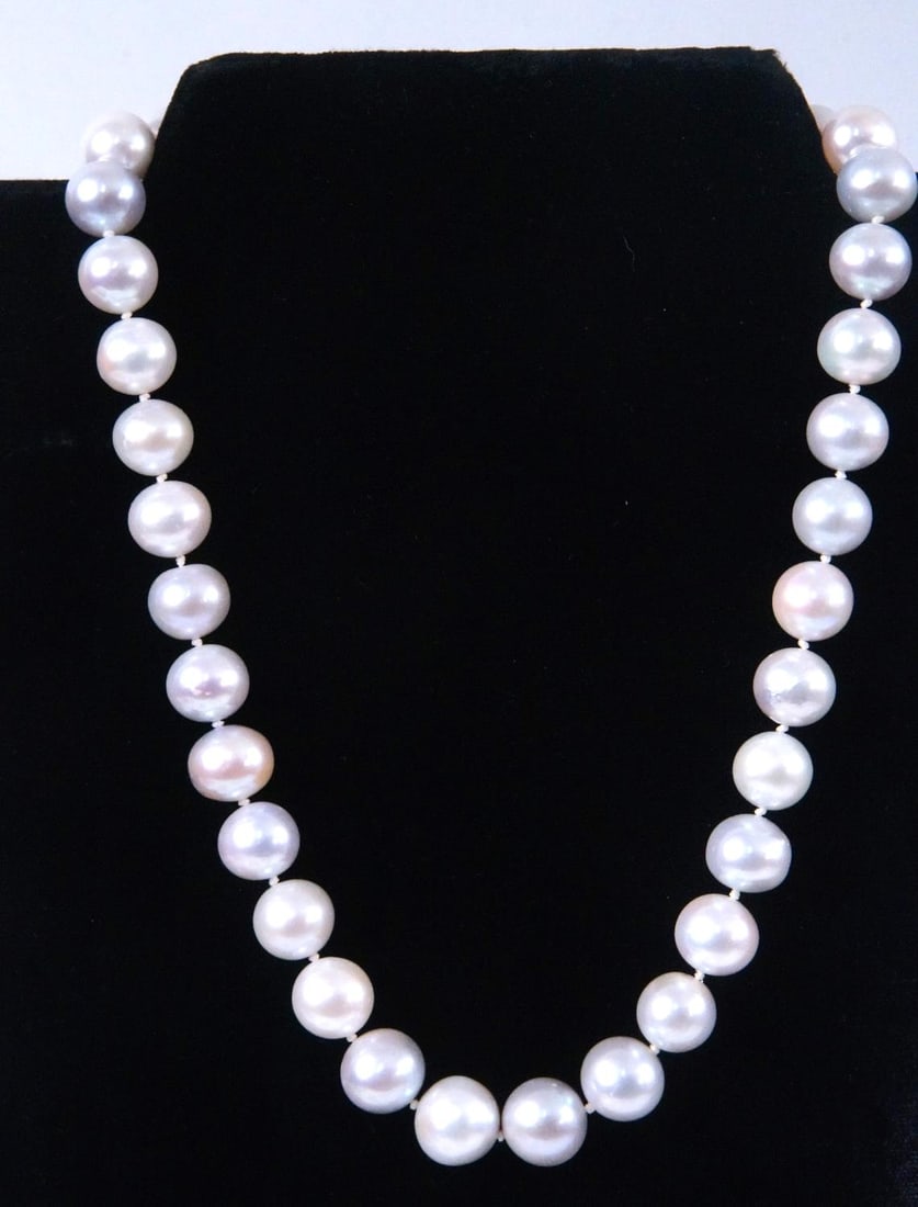Graduated Silver Tahitian 9mm-12mm Pearl necklace: Silver Cultured Tahitian Pearl Strand featuring "an ethereal silver color palette." White gold clasp compliments pearls while keeping the necklace secure. The Silver, Blue Silver and Pink Silver opale