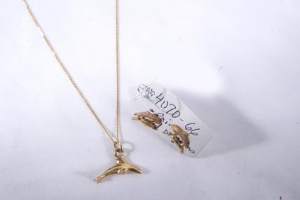 14kt gold Dolphin earrings, pendant and chain