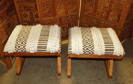 2 Wood Cared and upholstered modern benches