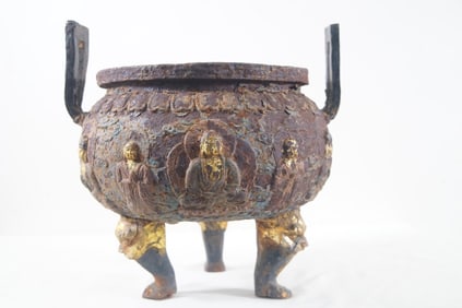 Early Chinese Cast Iron Censor Polychrome Buddha