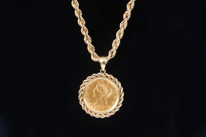 1881 Liberty $5 Gold coin pendant & gold chain
