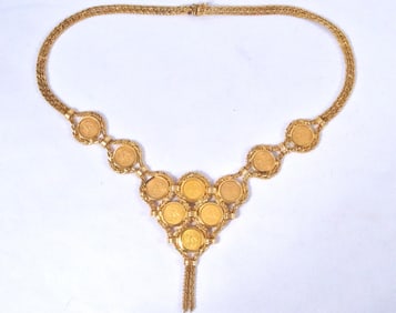 18kt Gold -62 gram V- Necklace - 10 gold coins