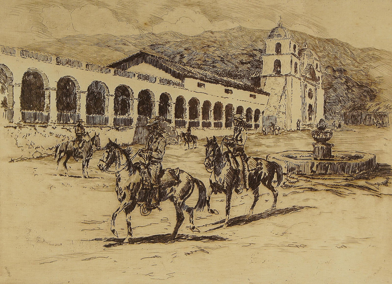 Edward Borein (1872-1945) Etching #249: Edward Borein "Mission Santa Barbara No. 2" etching signed Edward Borein lower right. California's Mission Santa Barbara is illustration number 249 in John Galvin‘s book titled etchings of Edward Bo